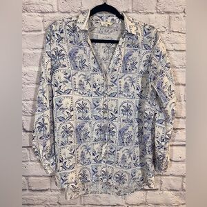 C&C California 100% Linen Button-Up Shirt Blue White Scenic Patchwork Print Sz S